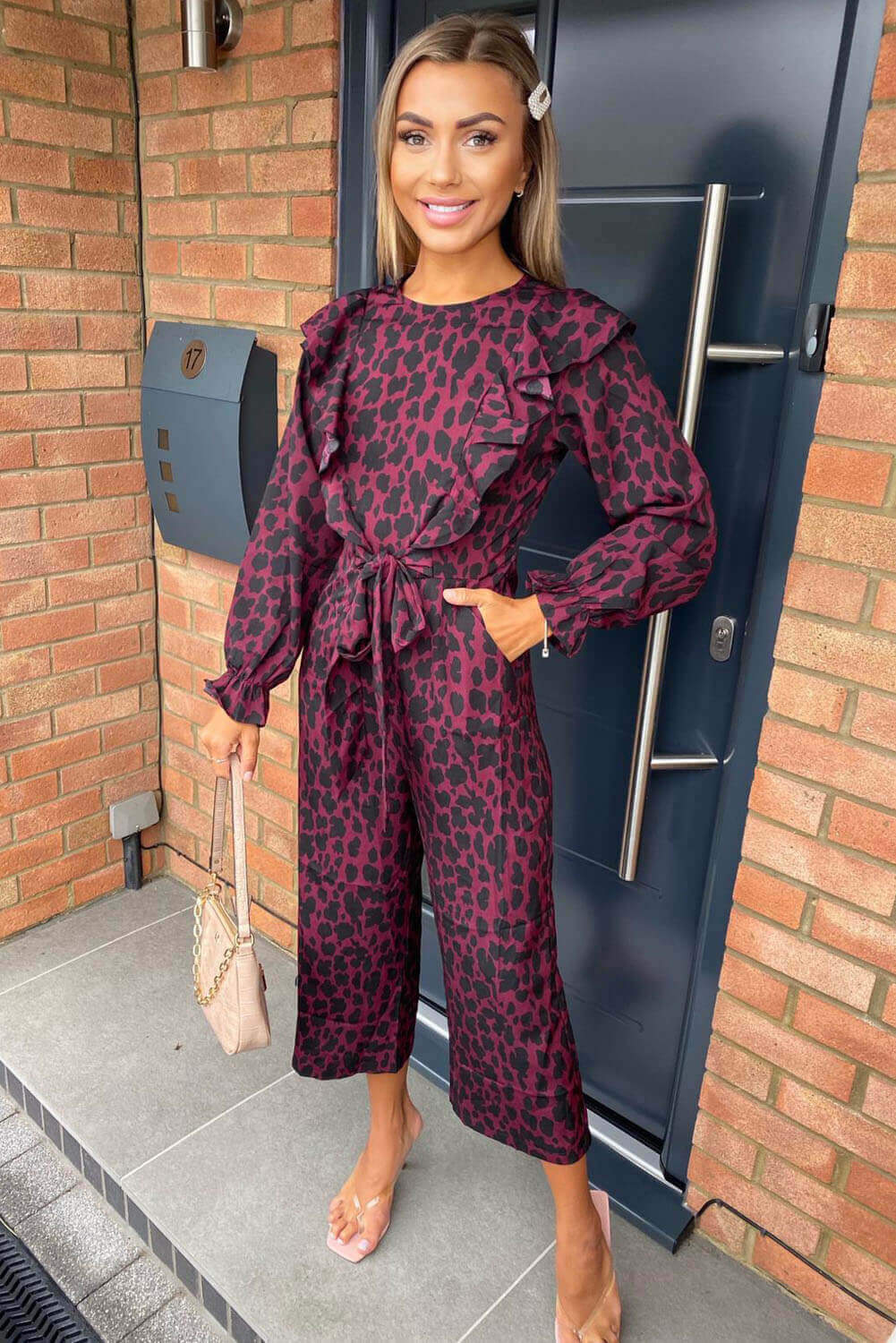 Plum Printed Frill Panel Long Sleeve Jumpsuit - Swimclubus