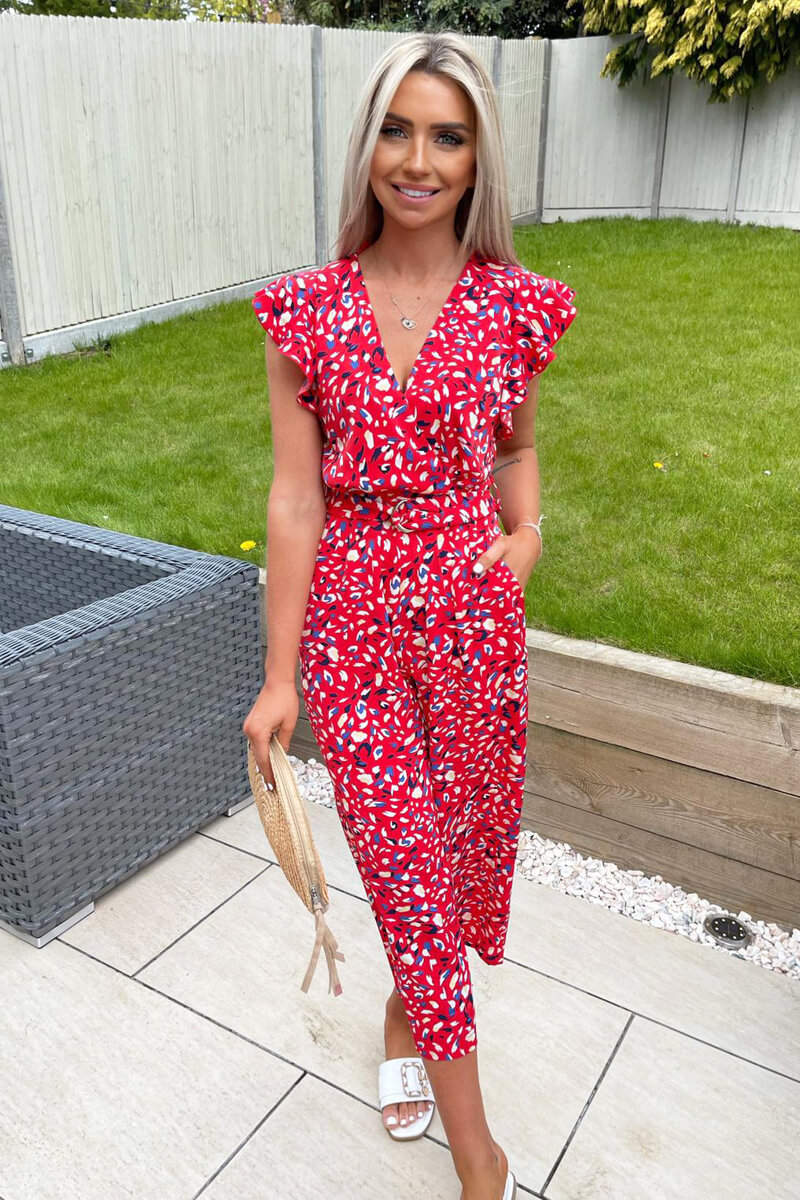 Red Printed Frill Sleeve Wrap Jumpsuit - Swimclubus