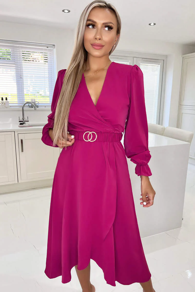 Magenta Long Sleeve Belted Midi Dress - Swimclubus