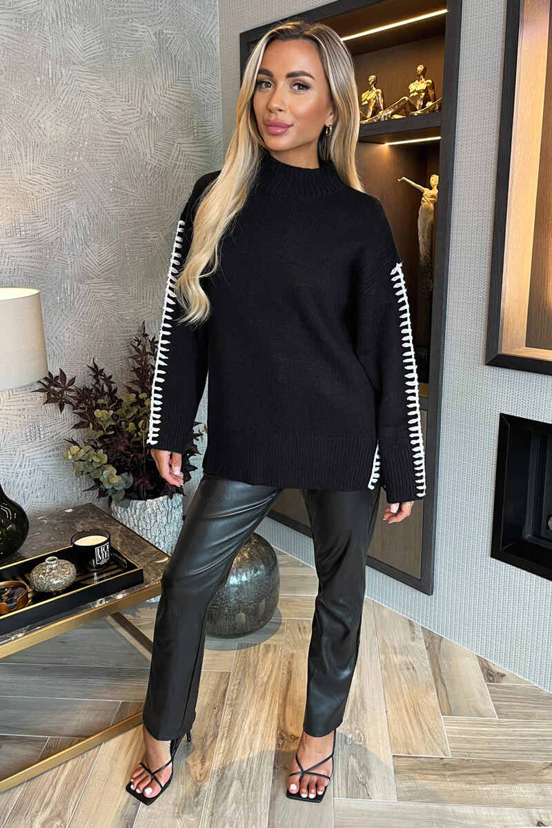 Black Mock Neck Blanket Stitch Detail Knit Jumper - Swimclubus