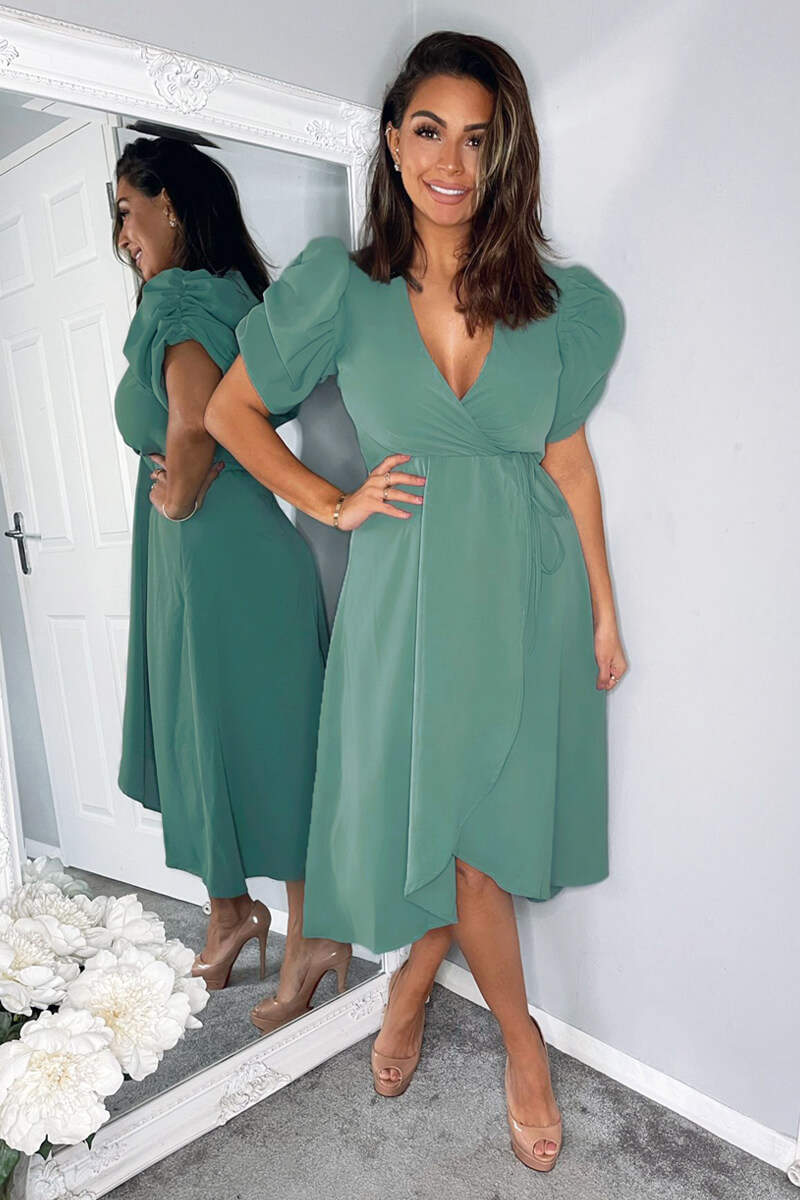 Duck Egg Wrap Over Tie Midi Dress - Swimclubus