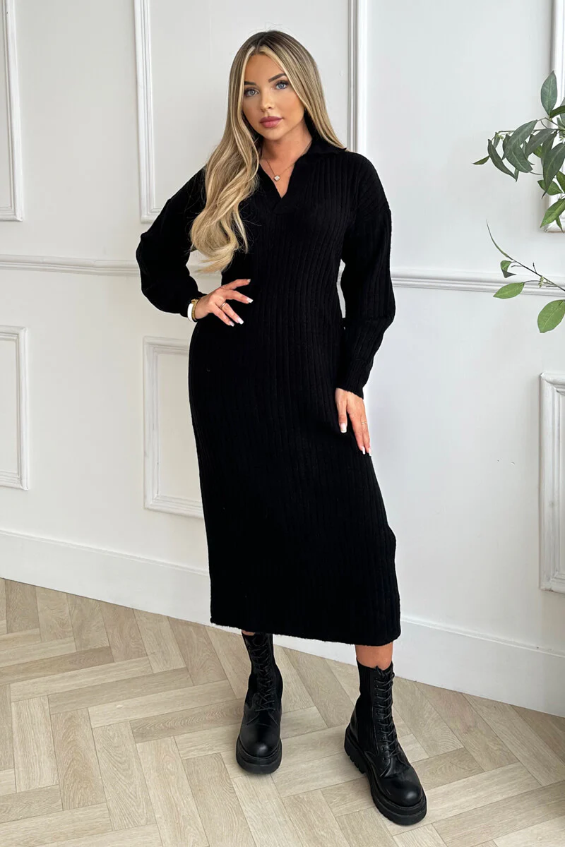 Black Knit Long Sleeve Collared Midi Dress - Swimclubus