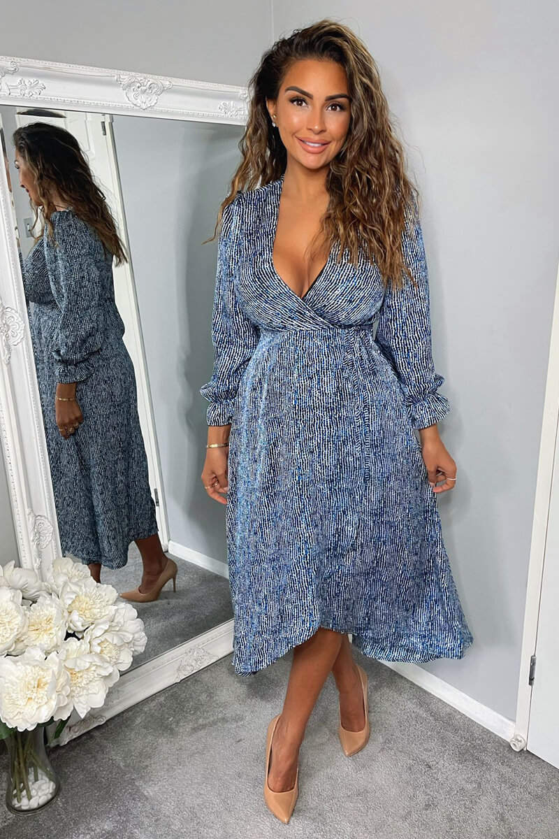 Blue Printed Tie Side Wrap Over Midi Dress - Swimclubus