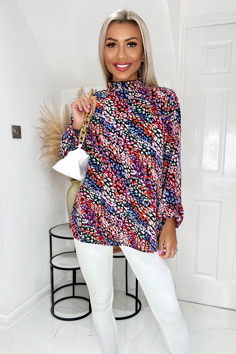 Multi Animal Print High Ruffle Neck Long Sleeve Blouse - Swimclubus