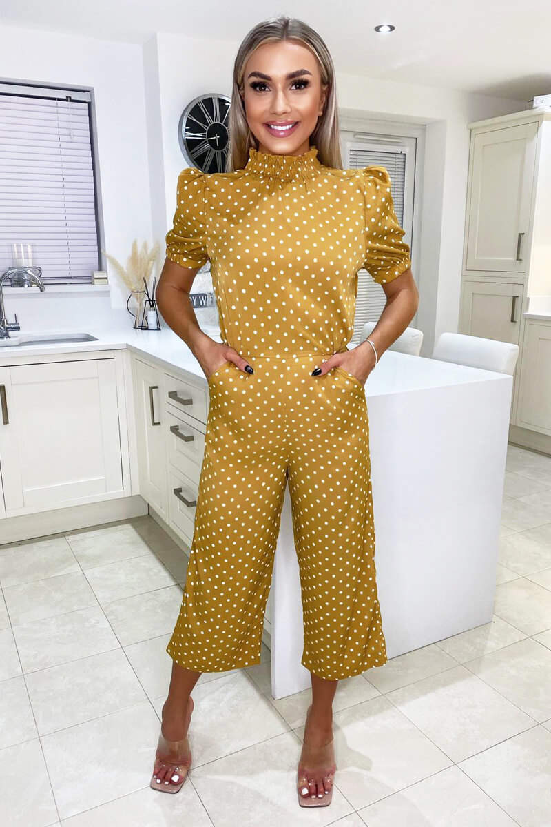 Mustard Polka Dot High Neck Culotte Jumpsuit - Swimclubus