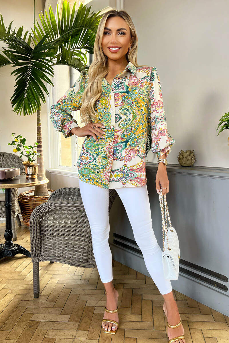 Green Paisley Multi Print Button Front 3/4 Sleeve Shirt - Swimclubus