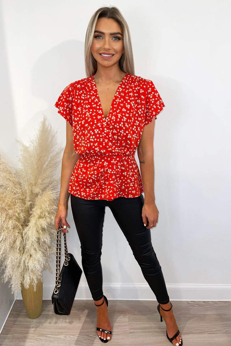 Red Floral Wrap Over Peplum Top - Swimclubus