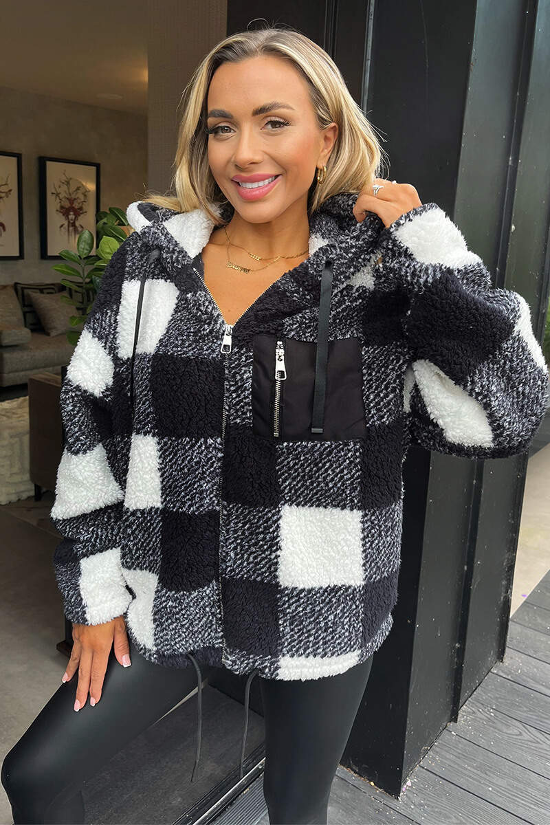 Black Check Pocket Detail Hooded Teddy Jacket - Swimclubus
