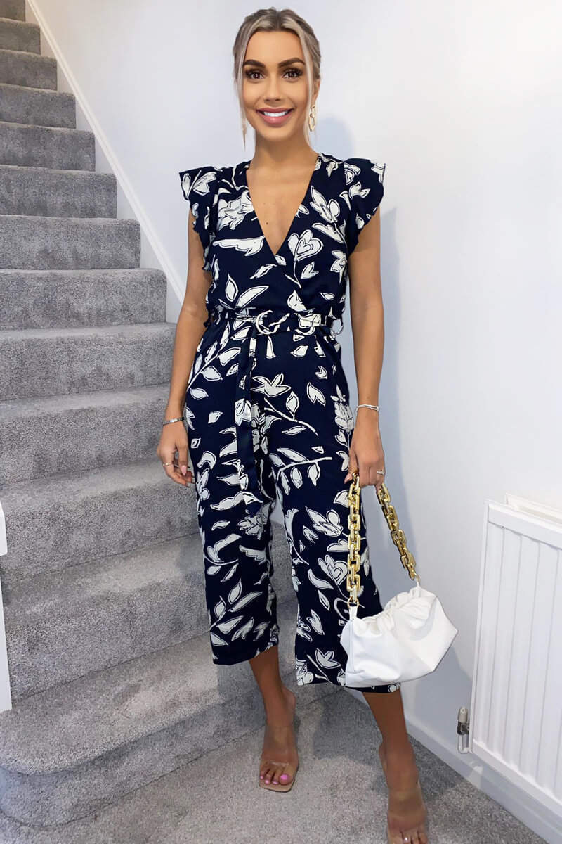Navy And White Floral Wrap Front Belted Jumpsuit - Swimclubus