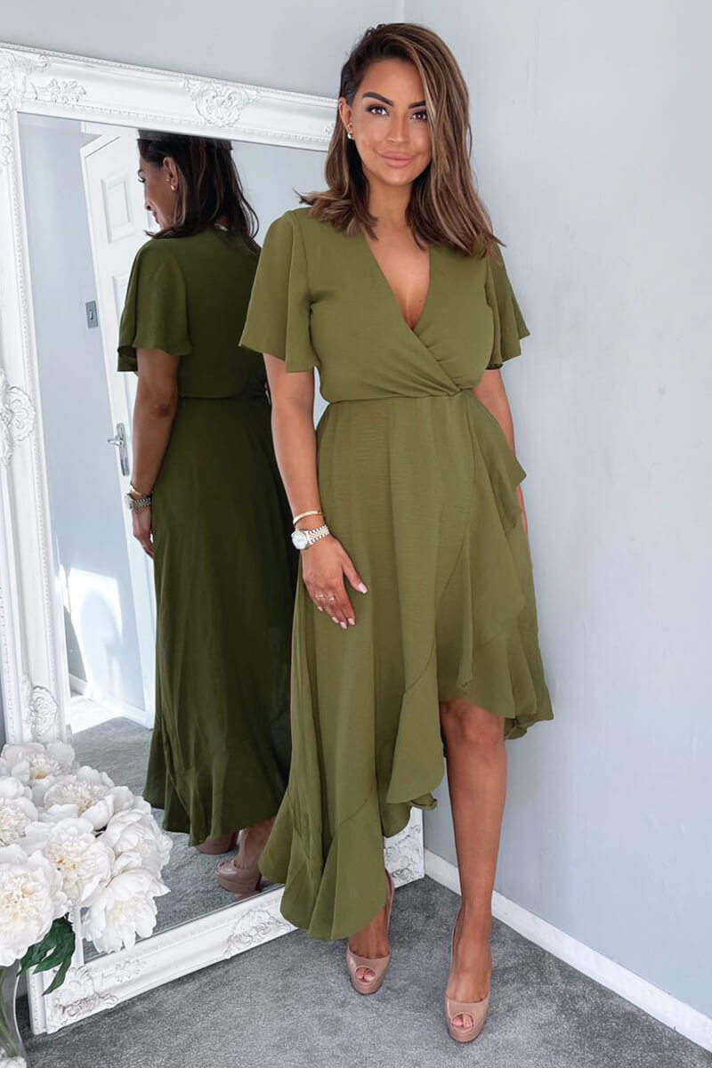 Olive Wrap Over Top Frill Hem Midi Dress - Swimclubus