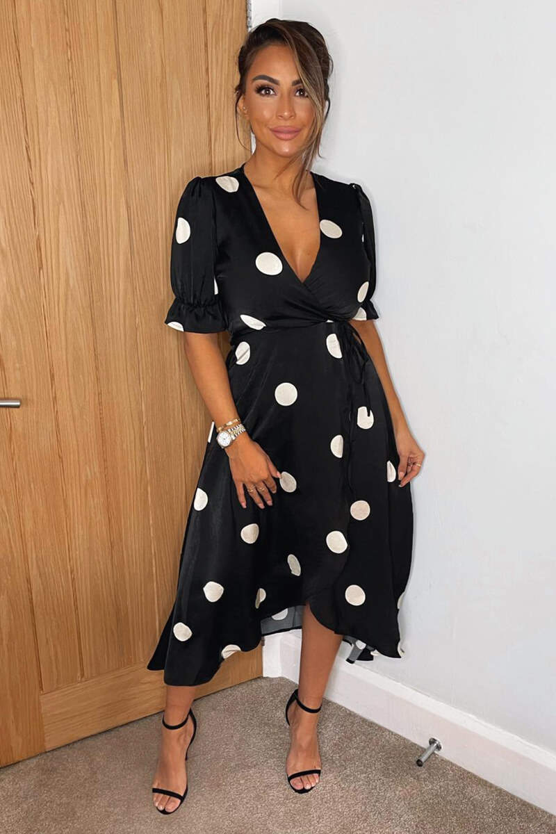 Black And Stone Polka Dot Wrap Side Tie Midi Dress - Swimclubus