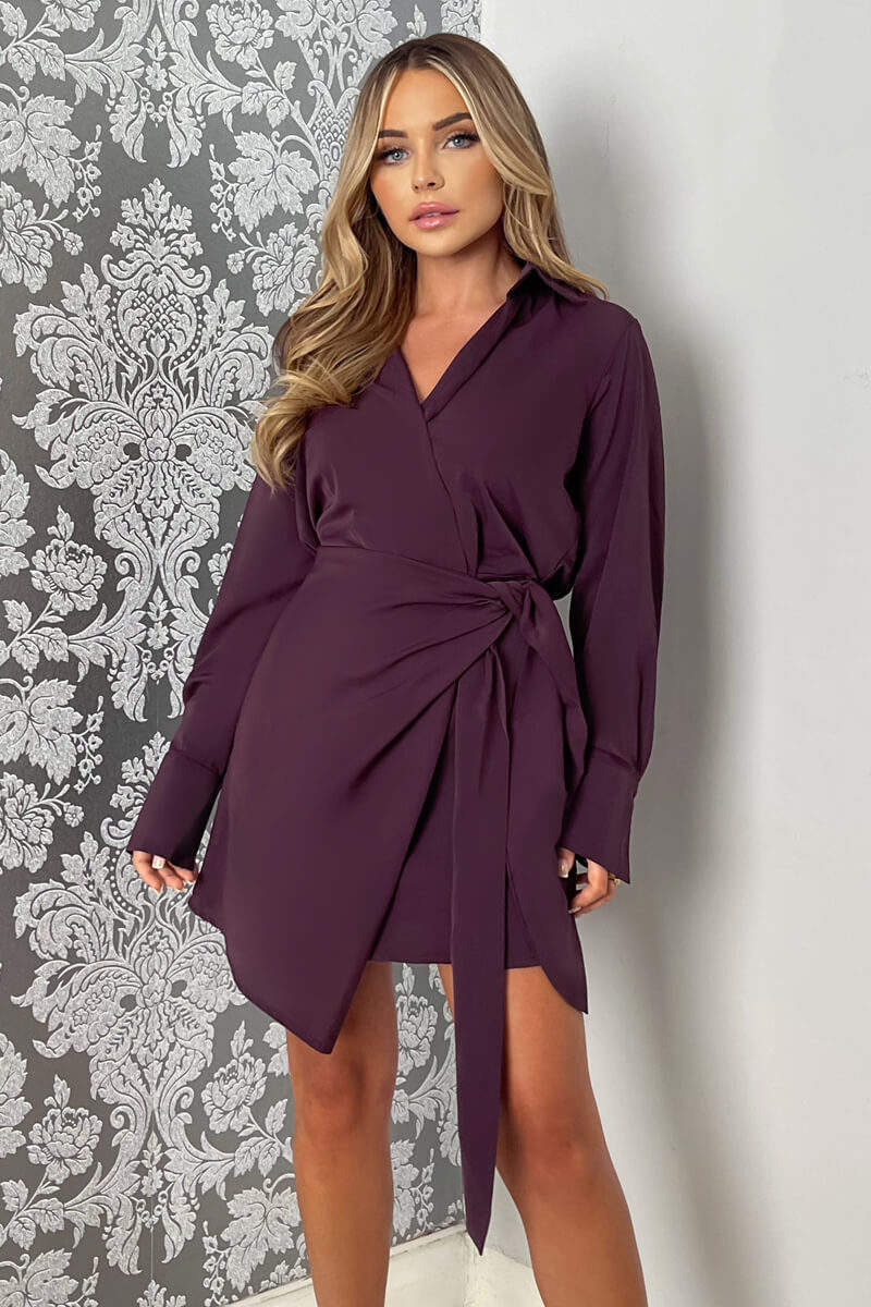 Plum Tie Wrap Long Sleeve Mini Dress - Swimclubus