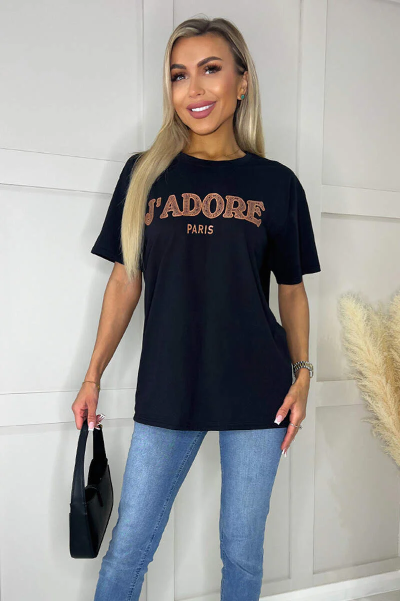 Black J'Adore Rose Gold Slogan T-Shirt - Swimclubus