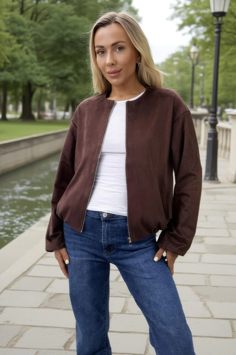 Chocolate Faux Suede Bubble Hem Bomber Jacket - Swimclubus