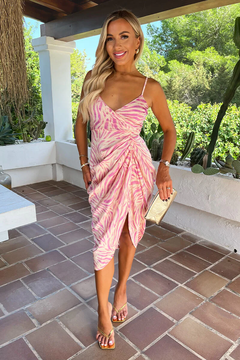 Pink Zebra Print Strappy Wrap Top Gathered Skirt Midi Dress - Swimclubus
