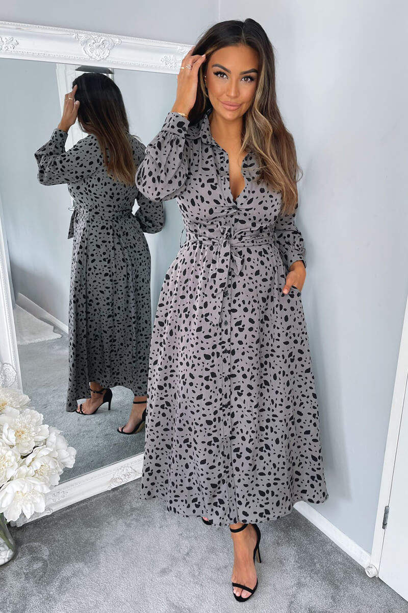 Grey Printed Button Up Midi Dress - Swimclubus
