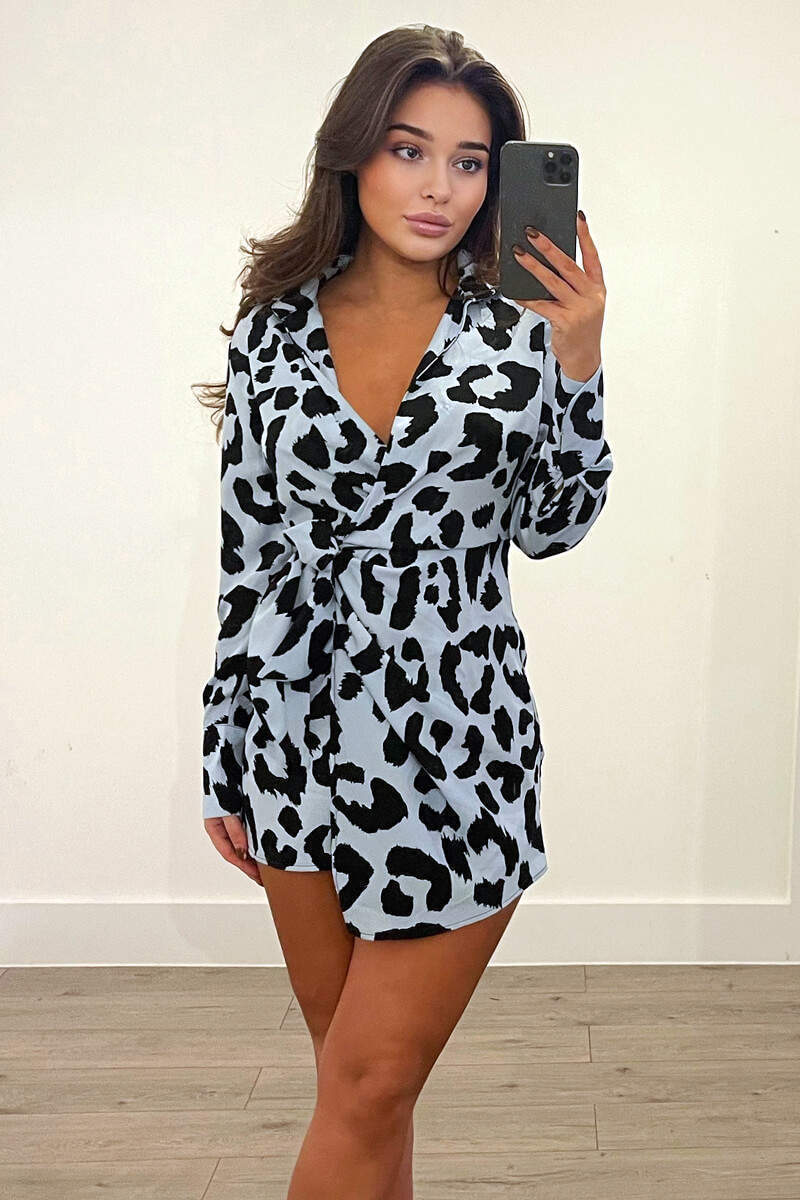 Blue Animal Print Wrap Long Sleeve Mini Dress - Swimclubus