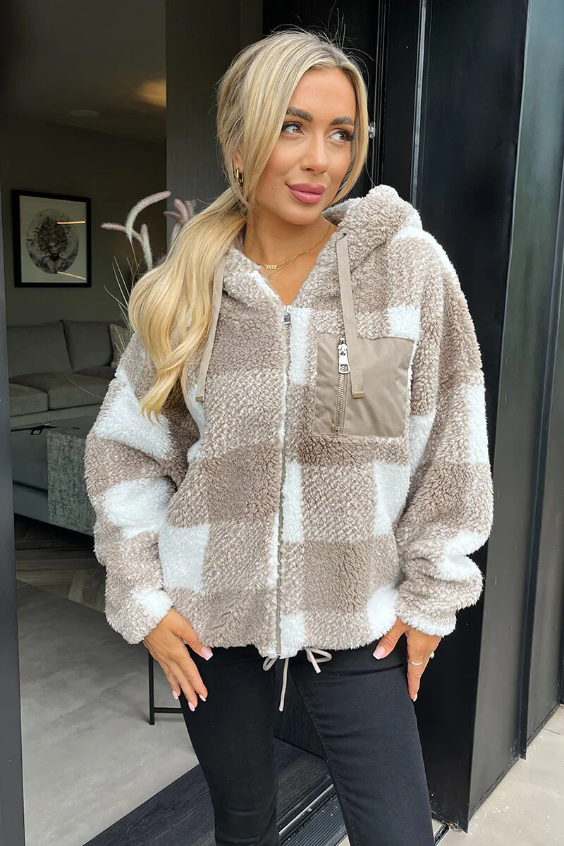 Biscuit Check Pocket Detail Hooded Teddy Jacket - Swimclubus