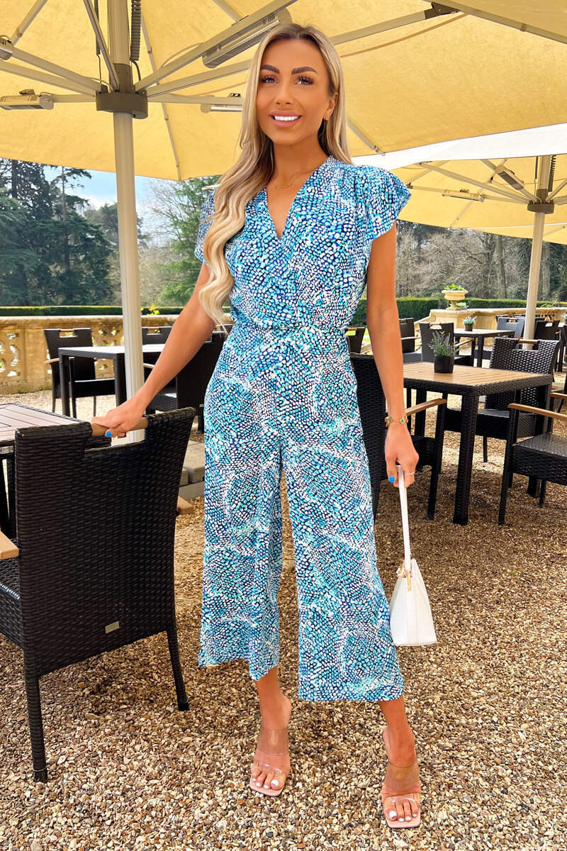 Blue Snake Print V Neck Frill Sleeve Jumpsuit - Swimclubus