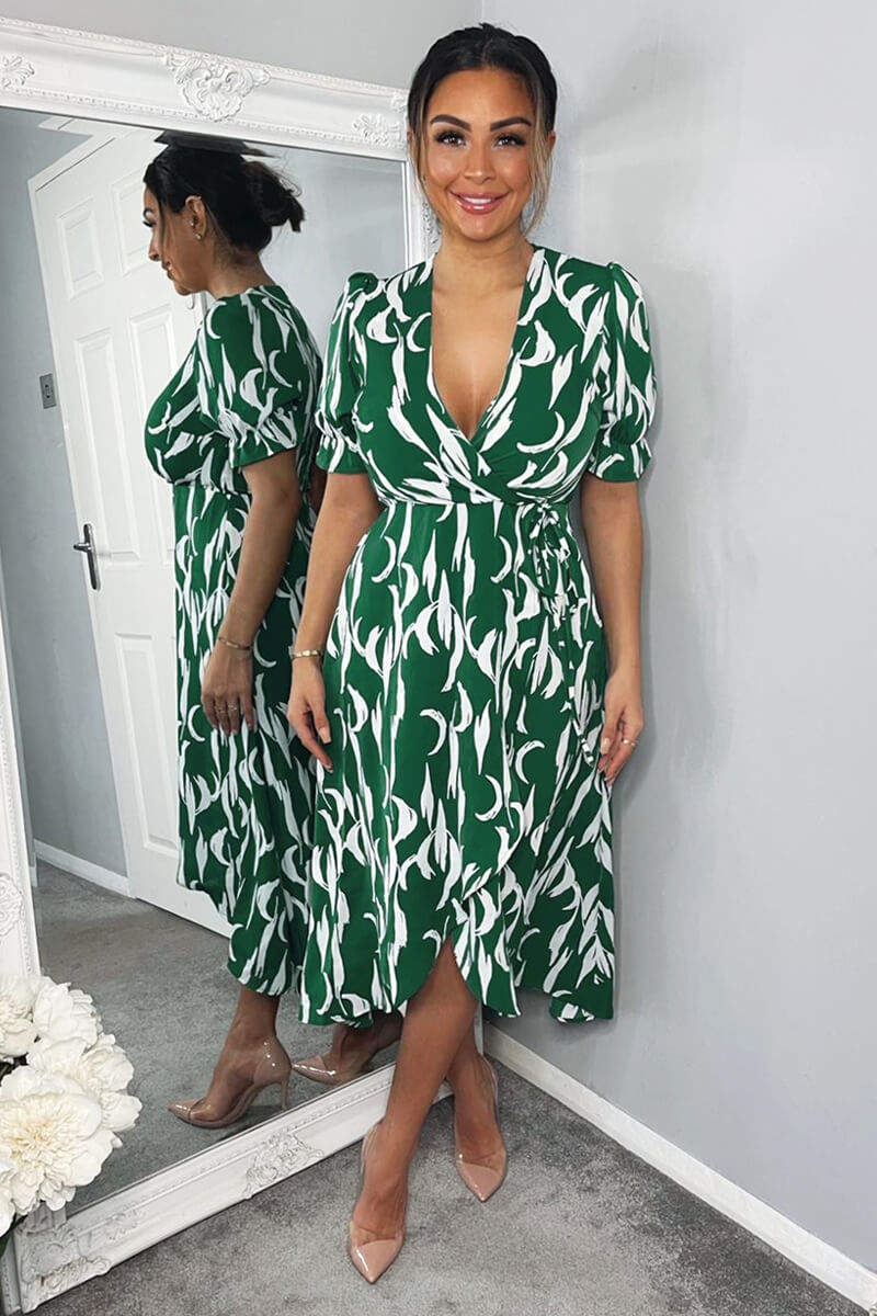 Green And White Printed Wrap Side Tie Midi Dress - Swimclubus