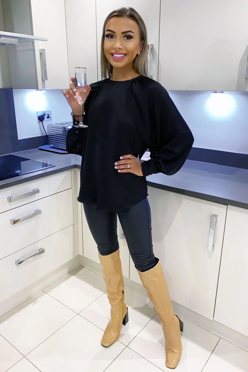 Black Balloon Sleeve Cuff Top - Swimclubus