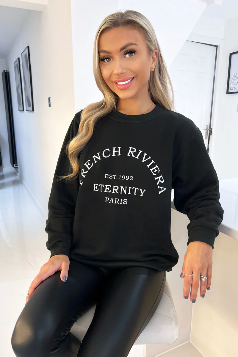 Black French Riviera Slogan Sweatshirt - Swimclubus