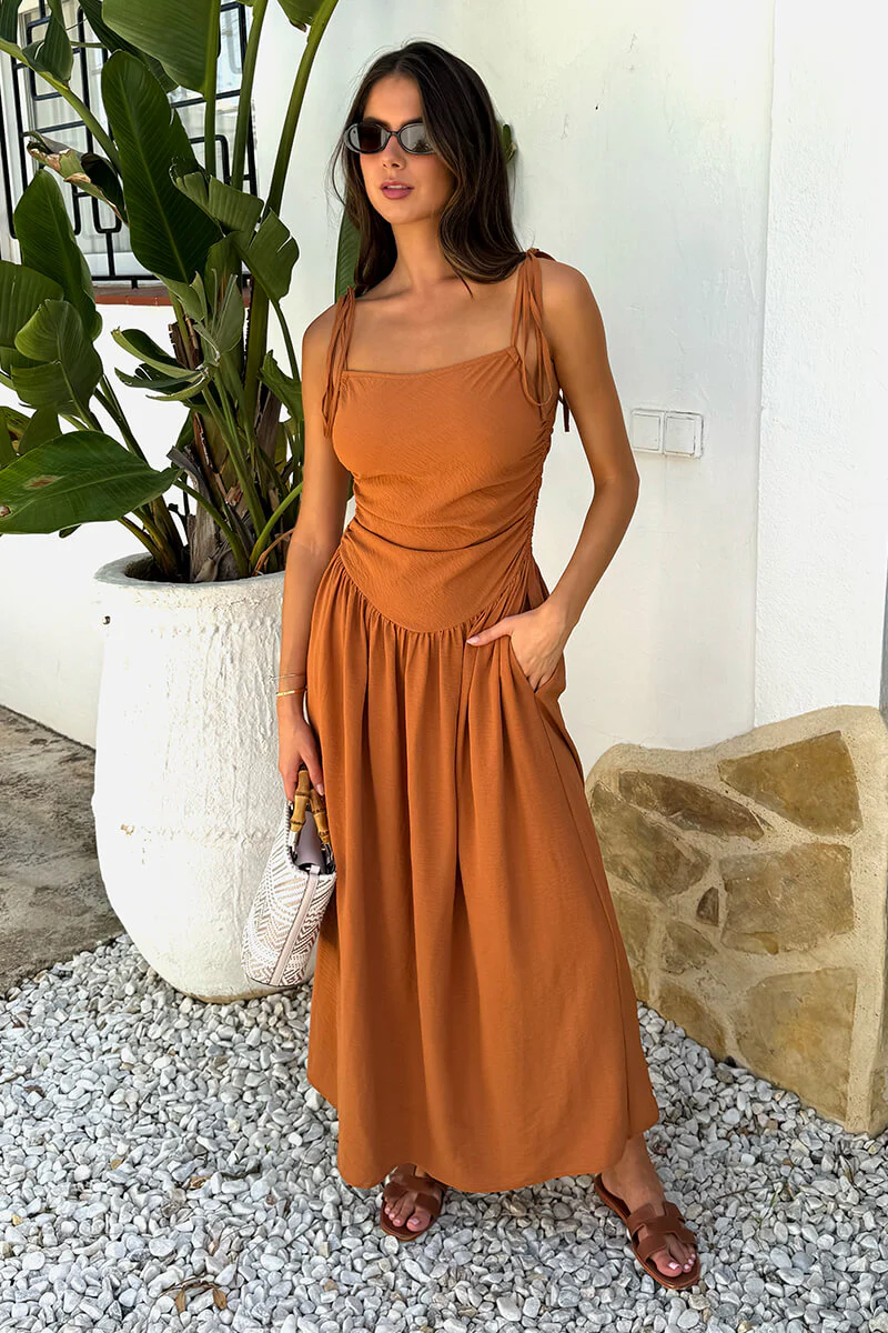 Rust Drawstring Tie Straps Ruched Top Midi Dress - Swimclubus