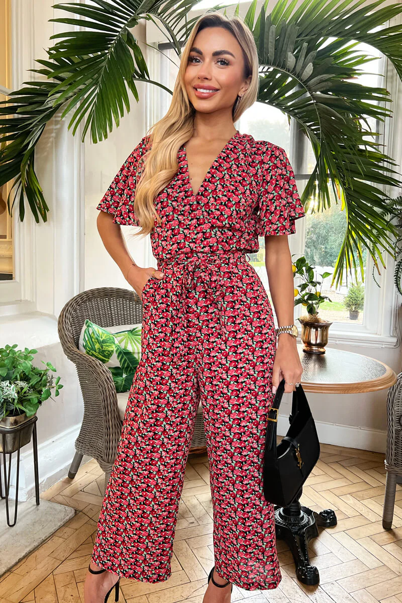 Red Floral Printed Butterfly Sleeve Belted Jumpsuit - Swimclubus