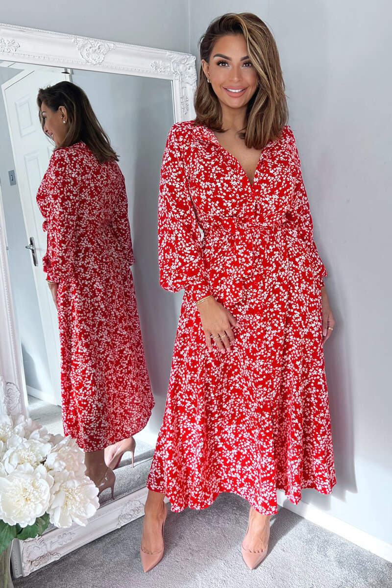 Red Floral Print Button Up Midi Shirt Dress - Swimclubus