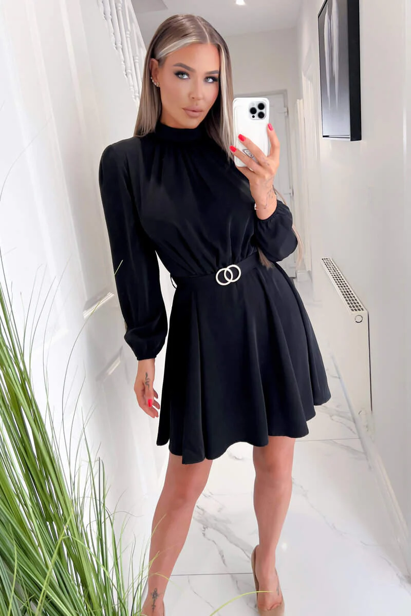 Black High Neck Long Puff Sleeve Belted Skater Dress - Swimclubus