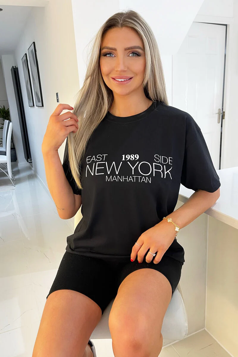 Black 1989 New York Slogan T-Shirt - Swimclubus