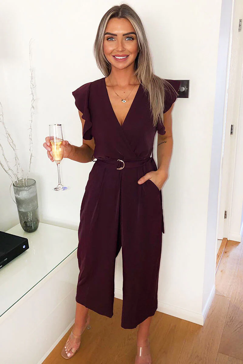 Plum Frill Shoulder Wrap Jumpsuit - Swimclubus