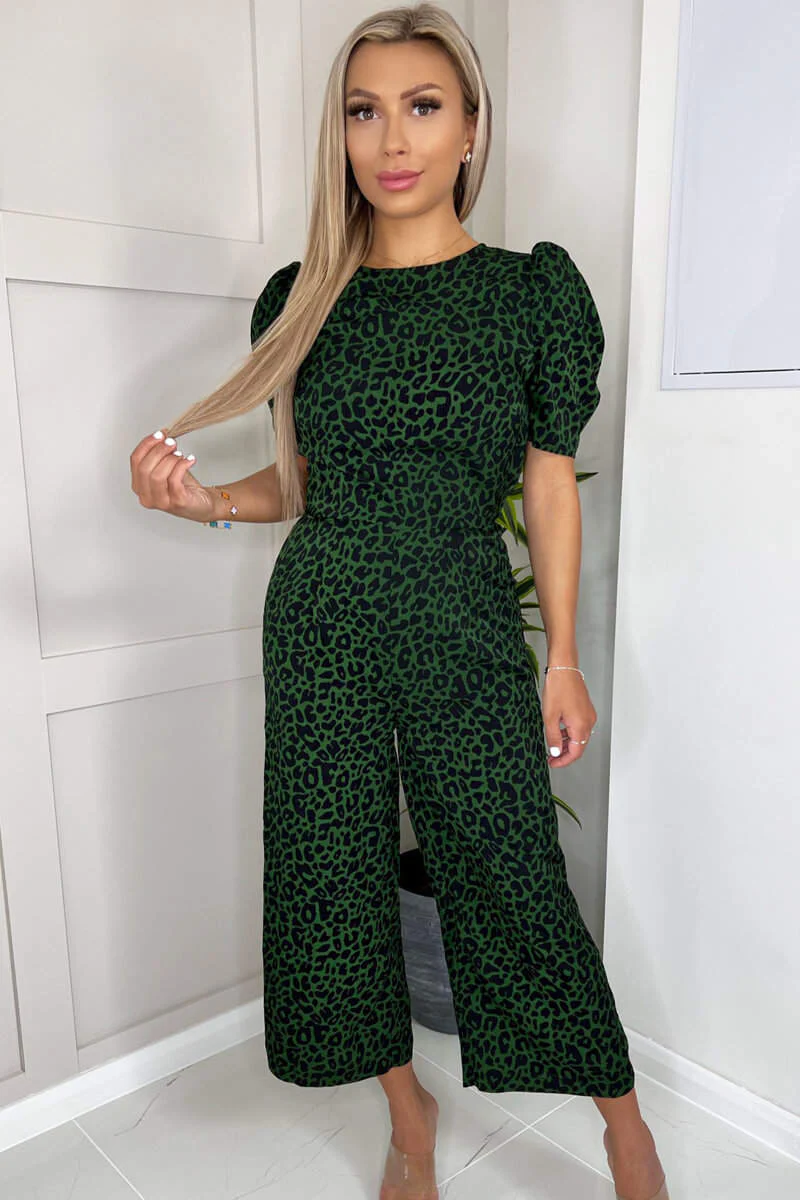 Green Animal Print Round Neck Short Sleeve Jumpsuit - Swimclubus
