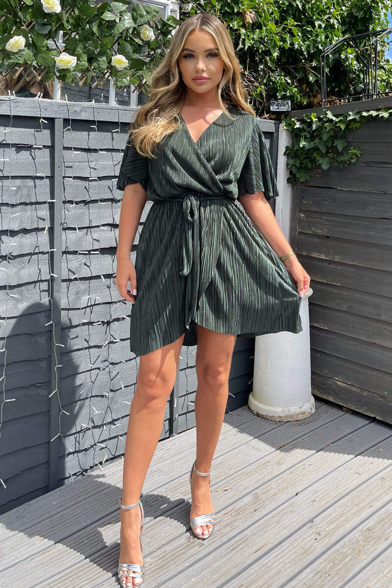 Khaki Wrap Top Belted Short Sleeve Plisse Mini Dress - Swimclubus
