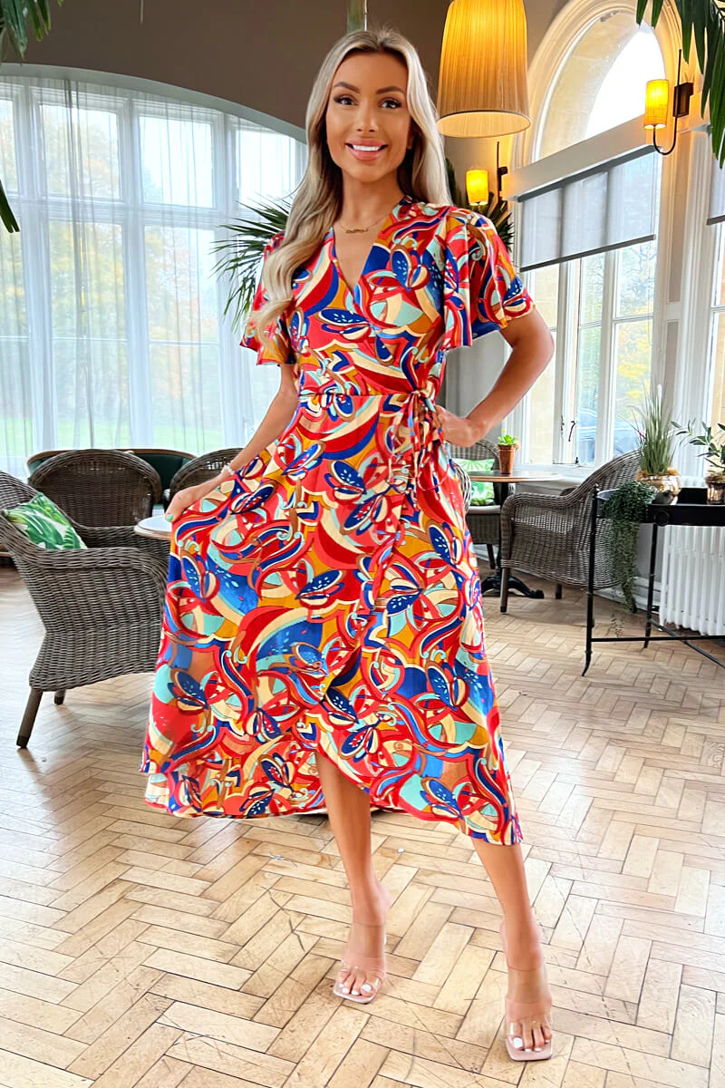 Multi Printed Butterfly Sleeve Wrap Midi Dress - Swimclubus