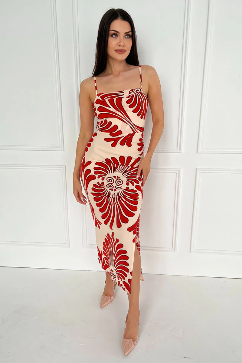 Burnt Orange Abstract Print Cowl Neck Ruched Side Strappy Midi Dress - Swimclubus