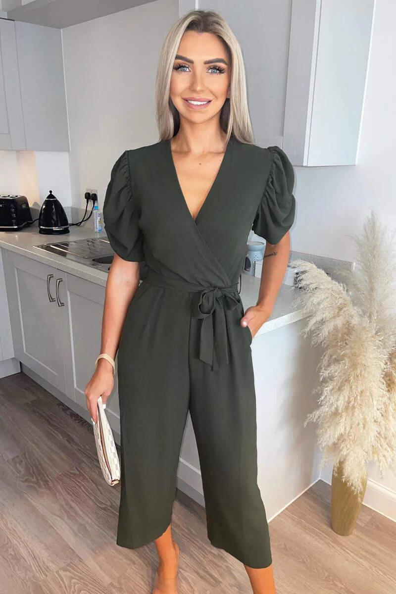 Olive Puff Sleeve Jumpsuit - Swimclubus