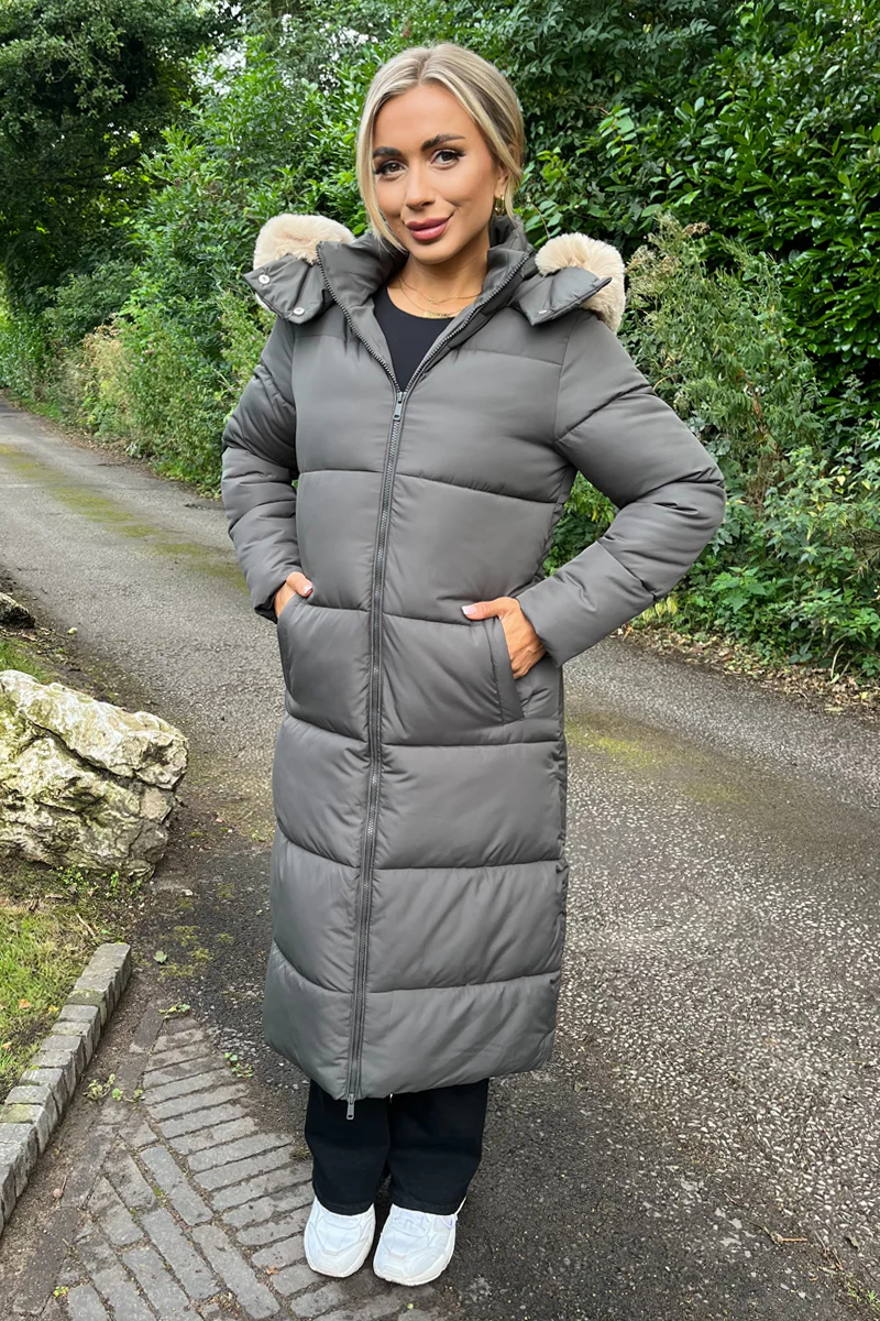 Khaki Faux Fur Hooded Longline Padded Coat - Swimclubus