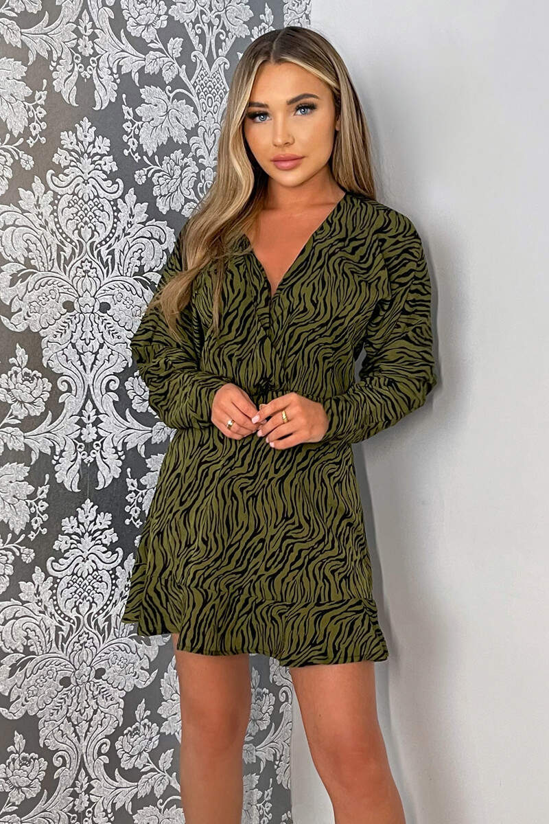 Khaki Animal Print Long Sleeve Mini Skater Dress - Swimclubus