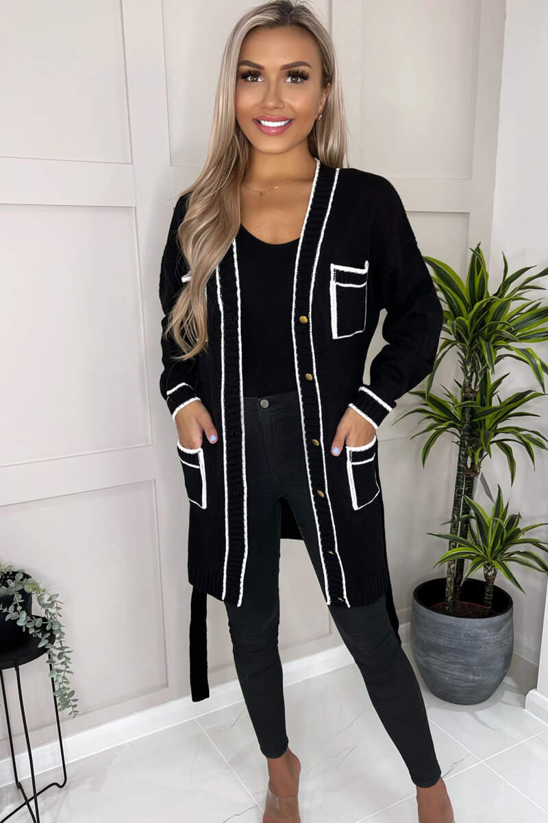 Black and White Contrast Detail Knitted Cardigan - Swimclubus