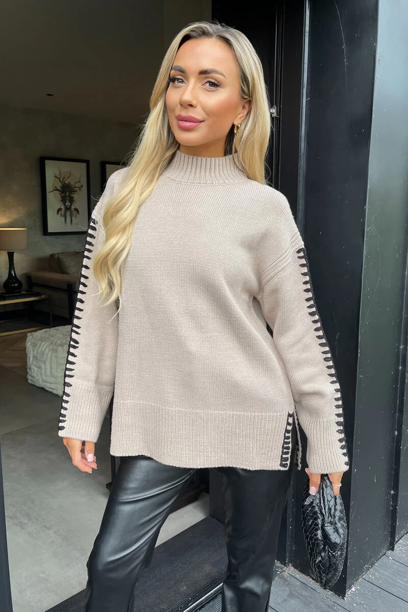 Oatmeal Mock Neck Blanket Stitch Detail Knit Jumper - Swimclubus