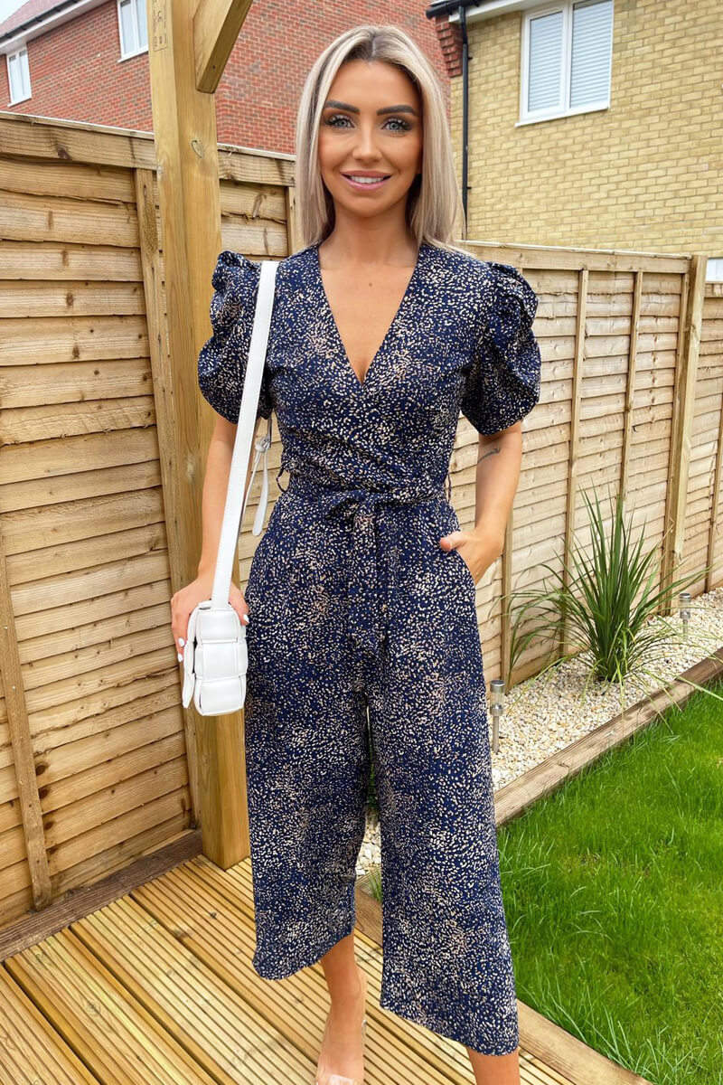 Navy Printed Puff Wrap Over Jumpsuit - Swimclubus