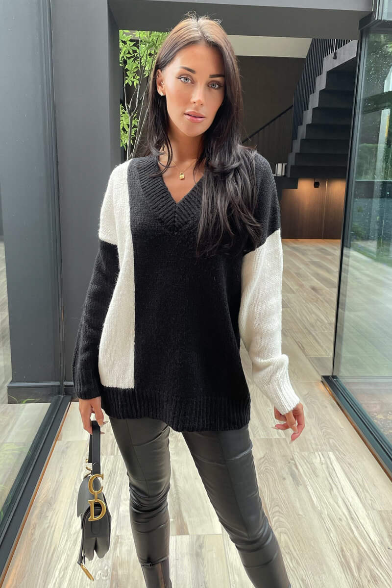 Black and Cream Two Tone V-Neck Knit Jumper - Swimclubus