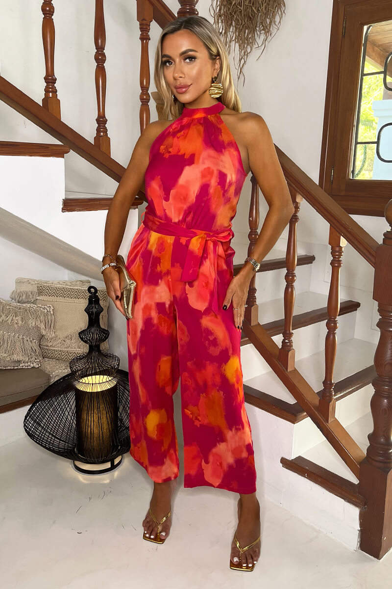 Pink And Orange Smudge Print Halter Neck Tie Waist Jumpsuit - Swimclubus