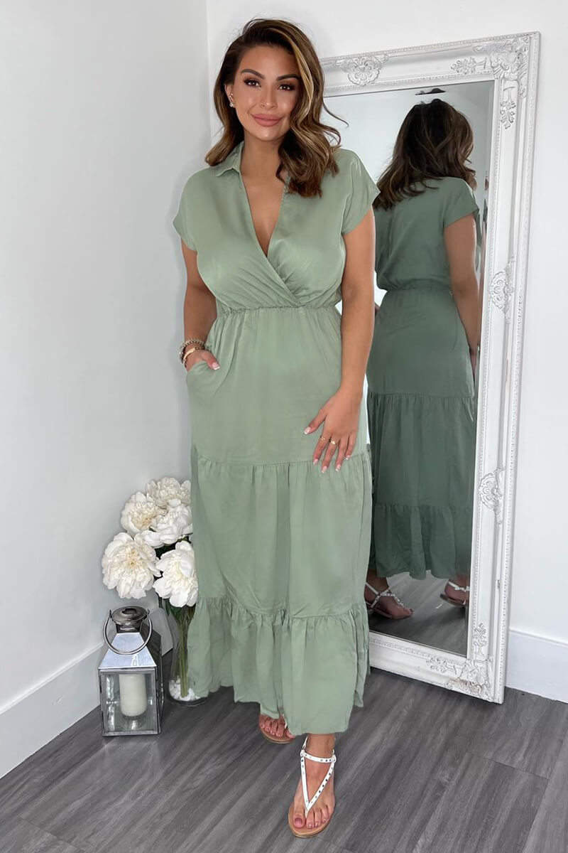 Khaki Short Sleeved V-Neck Midi Smock Dress - Swimclubus