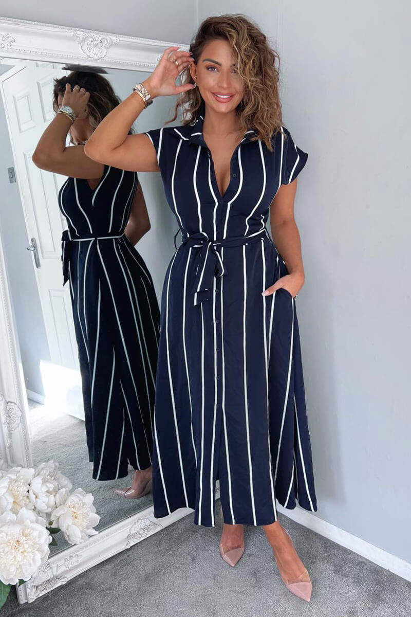 Navy Striped Short Sleeve Midi Shirt Dress - Swimclubus