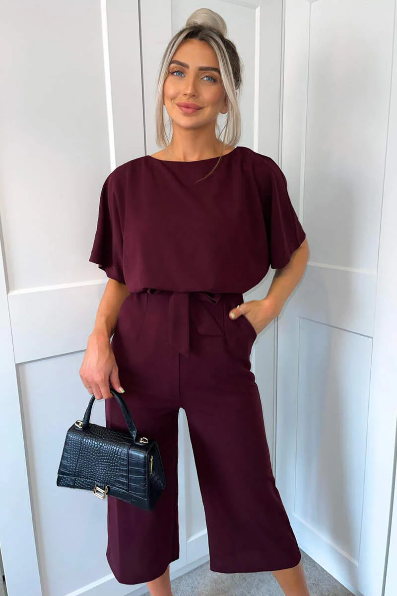 Plum Tie Waist Short Sleeve Culotte Jumpsuit - Swimclubus