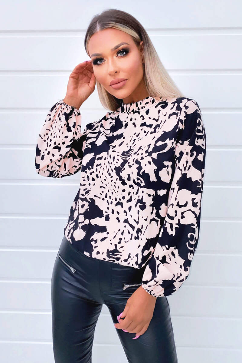 Black Nude Abstract Print High Neck Blouse - Swimclubus