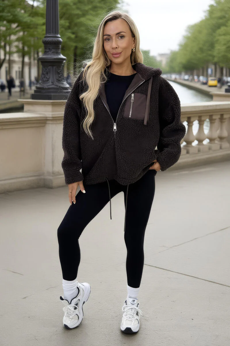 Chocolate Pocket Detail Hooded Teddy Jacket - Swimclubus