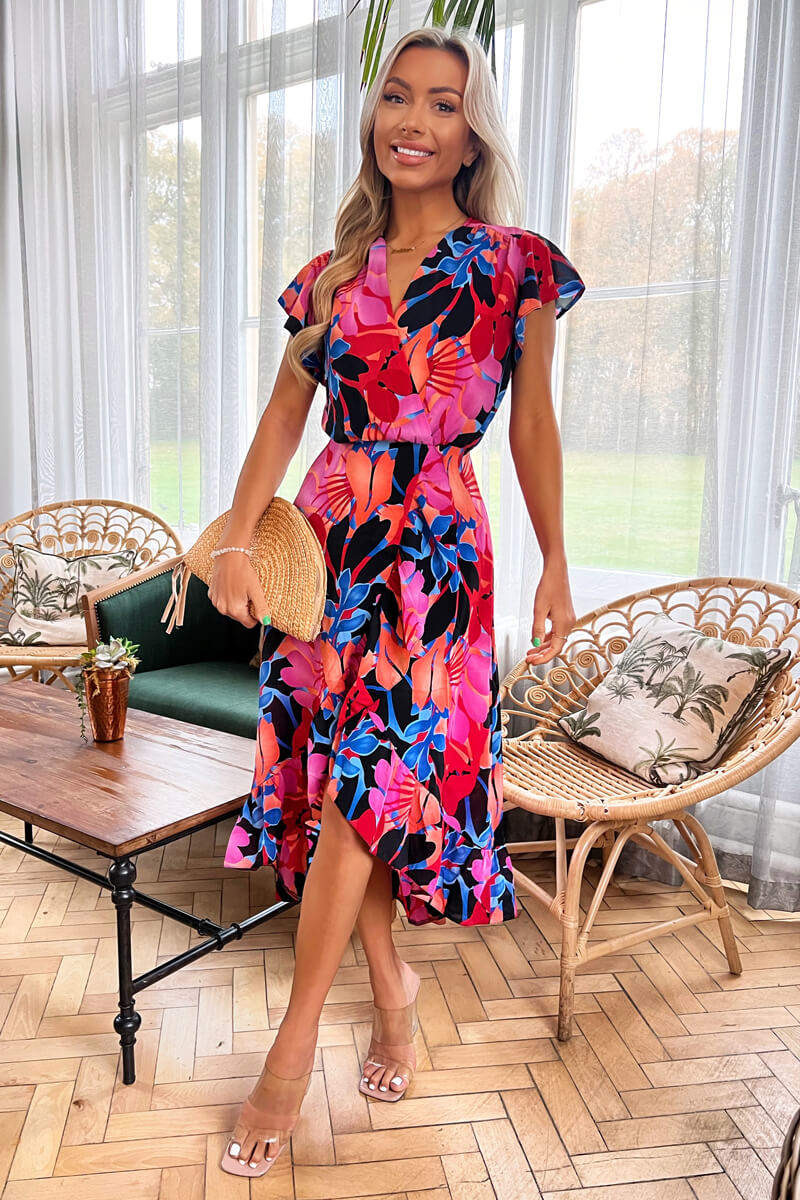 Multi Floral Printed Wrap Over Top Frill Hem Midi Dress - Swimclubus
